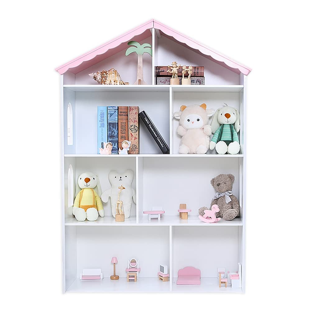 Wooden Dollhouse Bookcase Children's Bookshelf Display Storage Doll House Organizer Furniture for Kids Bedroom Playroom Nursery Kindergarten