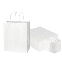 Toovip 50 Pack 8x4.75x10 Inch Medium White Kraft Paper Bags with Handles Bulk, Gift Wrap Bags for Favors Grocery Retail Party Birthday Shopping Business Goody Craft Merchandise Take Out Bags Sacks