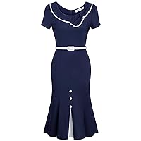 MUXXN Women's Classy 50s Audrey Hepburn Style High Waist Homecoming Mermaid Pencil Dress (Navy Blue L)