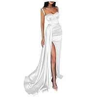 Women's Spaghetti Straps Mermaid Prom Dresses Long with Slit Pleates Wrap Satin Formal Evening Gown