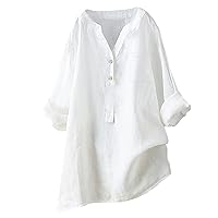 Womens Cotton Linen Jacquard Blouses Top V Neck Button Down Dress Tops Loose Plus Tunic 3/4 Sleeve Blouse Tees Shirts