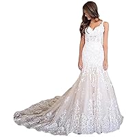 Lace up Corset Mermaid Wedding Dresses for Bride 2022 Long Plus Size V-Neck Beach Bridal Ball Gowns Train