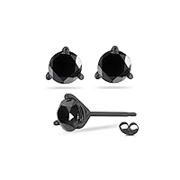 Round Black Diamond Stud Three Prong Earrings AAA Quality in 14K White Blackened Gold Available in Small to Large Sizes