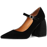 LEHOOR Pointed Closed Toe Mary Jane Pumps for Women Chunky Heels Velvet Dress Shoes Buckle Ankle Strap Pointy Pump 4 Inch Block Heel Elegant Sexy Mary Janes Office Ladies Work Pumps Party 4-15 M US