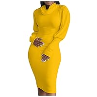 Women's Sexy Fall Winter Casual Basic Long Sleeve Turtleneck Bodycon Club Midi Dress Stand Neck Ruched Club Party Slim Fit Solid Color Short Bodycon Elegant Sheath Dress(Yellow L)