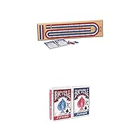 Bicycle Cribbage Game Bundle: 3-Track Color Coded Wooden Cribbage Board, 2 Bicycle Jumbo Index Playing Card Decks, and 9 Color Coded Pegs