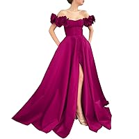 Women's Off The Shoulder Evening Dresses Satin Front Side Formal Prom Gowns