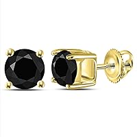 The Diamond Deal 14kt Yellow Gold Unisex Round Black Color Enhanced Diamond Solitaire Stud Earrings 2.00 Cttw