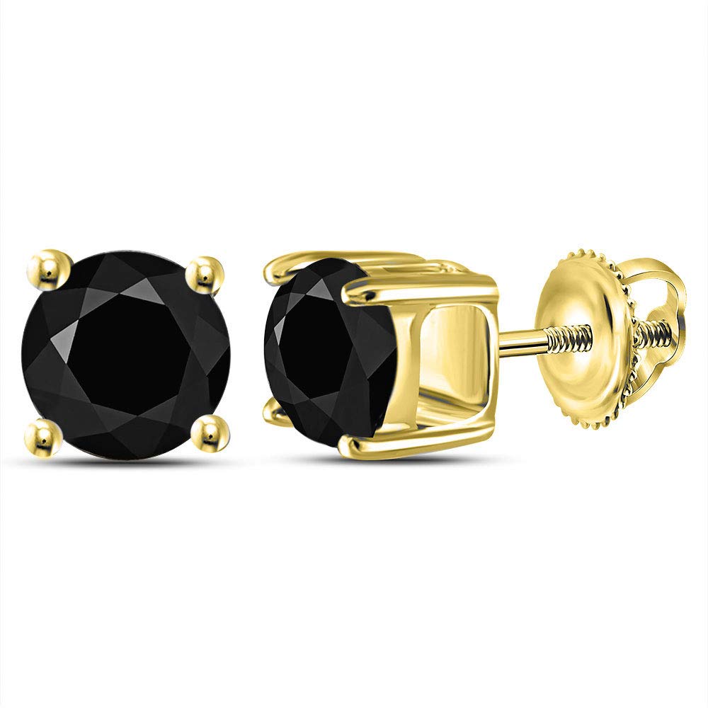 The Diamond Deal 14kt Yellow Gold Unisex Round Black Color Enhanced Diamond Solitaire Stud Earrings 2.00 Cttw