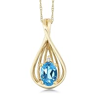 Gem Stone King 10K Yellow Gold Swiss Blue Topaz and White Diamond Teardrop Pendant Necklace For Women (0.50 Cttw, Gemstone November Birthstone, Oval 6X4MM, with 18 Inch Chain)