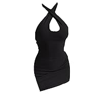 Mini Dress for Women Summer Beach Dress Sleeveless Criss Cross Halter Neck Dress Summer Clubwear Cut Out Short Length