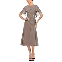 Bat Sleeve Tea Length Mother of The Bride Dress with Pockets Ruffle Chiffon Mother of The Groom Dress for Wedding