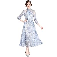 Summer Runway Chiffon Long Dresses Women's Bow Neck 3/4 Puff Sleeve Floral Print Party Holiday Dress