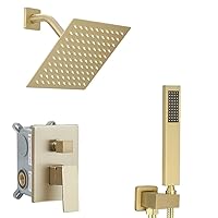 Brushed Gold Shower System 8 Inch Bathroom Luxury Rain Mixer Shower Combo Set Wall Mounted Rainfall Shower Head and Handheld System Shower Faucet Set Rough-in Valve Body and Trim Included