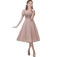 Lamya Elegant Tea Length Evening Dresses for Women 2023 Pearl Prom Dress Lace Appliques Plus Size Prom Gown
