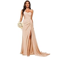 Dessiny Women's One Shoulder Bridesmaid Dresses 2024 with Slit Wrap Long Ruched Satin Formal Prom Gowns for Party DE94