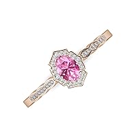 Oval Cut Pink Sapphire & Round Natural Diamond 1 1/8 ctw Women Vintage Scallop Halo Engagement Ring 14K Gold