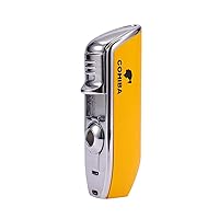 Adjustable Torch Lighters with 3 Jet Flame, Refillable Gas Lighter with Cigar Cutter, Windproof Candle Lighter for Smoking Cooking Welding BBQ (Without Butane),Yellow