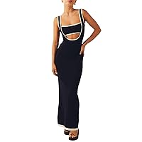 Women Summer Knitted Long Tank Dress Sleeveless Backless Contrast Color Cutout Bodycon Beach Club Maxi Dress