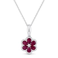 18K White Gold Pear Shape .66ct Ruby & .14ct White Diamond Flower Pendant Necklace