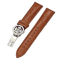 JWTPRO Genuine Leather Watch Strap 19MM 20MM 22MM Watchbands for Patek Philippe Wath Bands with Stainless Steel Deploy Clasp Men Women (Color : Light Brown Silver, Size : 19mm)