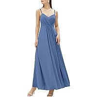 A-Line Bridesmaid Dress V Neck Sleeveless Elegant Evening Prom Dress Adjustable Straps V Back with Pleats 2023