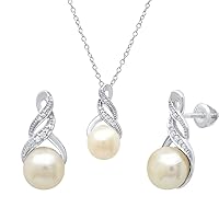 Dazzlingrock Collection Round Freshwater Pearl & Diamond Accent Ladies Stud Earring & Pendant Set, Sterling Silver