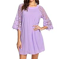 Women Solid Casual Crewneck Dress Stitch Autumn Chiffon Tunic Hollow Lace Half Sleeve Light Soft (S, Purple)