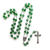 Green Rosary Necklace Vintage Cross Pendant Long Necklace For Men Women Christian Church Prayer Ornaments