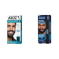 Just For Men Mustache & Beard + 1-Day Beard & Brow Color Bundle - Mustache & Beard Real Black M-55 for Long-Lasting Color, 1-Day Beard & Brow Color Black for Fuller, Well-Defined Look