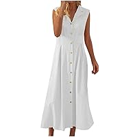 Women Cotton Linen Button Down Sleeveless A-Line Dress Summer High Waist Lapel Casual Loose Solid Swing Shirt Dress
