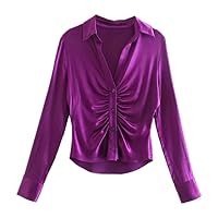 Women Purple Satin Smock Blouse Lady Casual Slim Buttons Kimono Shirts