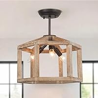 Semi Flush Mount Ceiling Light Fixture, 3-Light Farmhouse Close to Ceiling Light Fixtures, Rustic Wood Hallway Light Fixtures Ceiling for Bedroom, Kitchen, Entryway and Dining Room