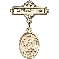 Jewels Obsession Baby Badge with St. Francis Xavier Charm and Godchild Badge Pin | 14K Gold Baby Badge with St. Francis Xavier Charm and Godchild Badge Pin - Made In USA