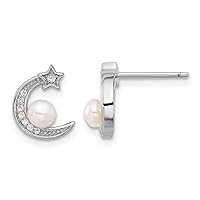 8.7mm 925 Sterling Silver Rhodium Plated CZ and Fwc Pearl Celestial Moon And Star Post Earrings Measures 11.4x8.7mm Wide Jewelry for Women