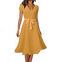 Spring Dresses for Women 2024 Summer Vacation Short Sleeve Belted V Neck Solid Color Casual Elegant Flowy Midi Dresses