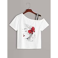 Women's Tops Shirts Sexy Tops for Women Figure Print Asymmetrical Shoulder Letter Taped Tee (Color : White, Size : Medium)