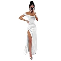 CWOAPO Mermaid Satin Bridesmaid Dresses Off Shoulder Cowl Neck Formal Dress Evening Gown Sexy Split Prom Dress for Women