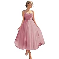 Basgute Tulle Tea Length Prom Dresses for Women Corset Sweetheart Spaghetti Straps Teens Formal Evening Party Gowns