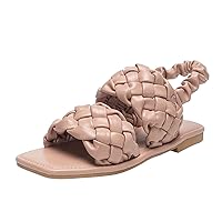Women's Braided Flat Sandals Square Open Toe Single Leather Low Heel Flat Slippers Slip On Sandal Square (Color : Pink, Size : 40)