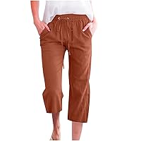 Capri Pants for Women Drawstring Waisted Pants Summer Casual Loose Wide Leg Trousers Cropped Pants with Pockets