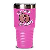 34th Anniversary Tumbler for Husband Wife Funny Vegan Vegetarian Food Pun Its Bean 34 Years Cute Keepsake for Married Couples Friends Parents 20 or 30