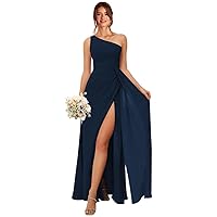 Women's One Shoulder Bridesmaid Dresses Long A-Line Ruched Split Formal Prom Evening Dress MA08