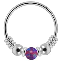 9K Solid White Gold Opal Stone with Double Ball and Spring Coil 22 Gauge (0.6mm) Hoop Nose Ring Piercing Jewelry
