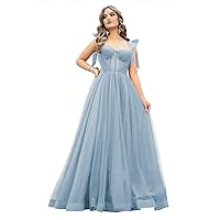 CWOAPO Tulle Prom Dresses for Women Sweetheart Corset Ball Gowns Bow Long Evening Dress with Spaghetti Straps