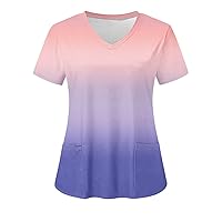 Nurse Uniforms for Women 2024 Gradient Summer Scrub Short Sleeve Tops V-Neck Casual Tunic Blouse with Pockets