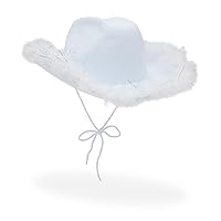 White Cowboy Hat for Men and Women with Feathers, Western Felt Fluffy Cowgirl Hat for Costume, Dress Up Birthday, Bachelorette, and Bachelor Party Accessories