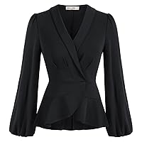 2024 Women's Elegant Tops Long Sleeve Wrap Tops V Neck Formal Work Blouses Dressy Shirts