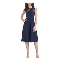JS Collections Womens Navy Zippered Sequined Lined Sleeveless Illusion Neckline Below The Knee Party Fit + Flare Dress 14