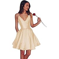 Spaghetti Strap Short Satin Homecoming Dress A-line Formal Prom Gown with Pockets